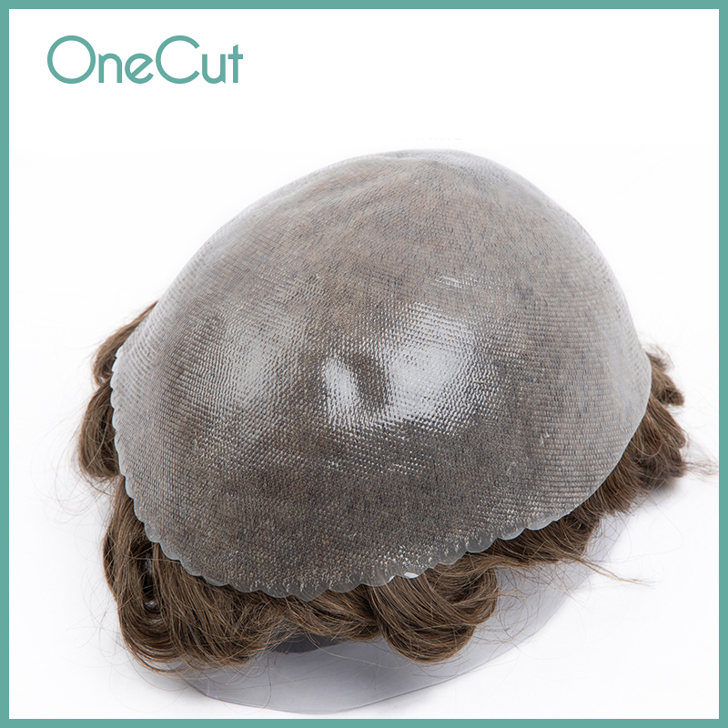남자 Toupee 0.12-0.14 인간의 머리카락 남자의 자연 머리가 발 전체 PU 모세관 보철 투명 Toupee 머리 교체 시스템
